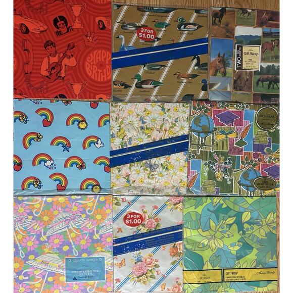 Vintage Wrapping Paper Lot Mixed Designs 1960s 1990s New Sheets Gift Wrap - Picture 3 of 7